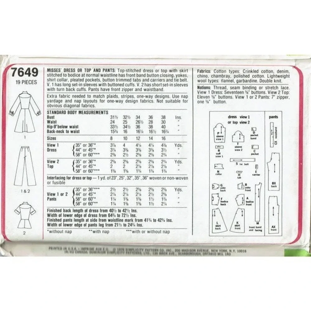 Simplicity Sewing Pattern 7649 Dress Top Pants Misses Size 10 70s Fashion UNCUT